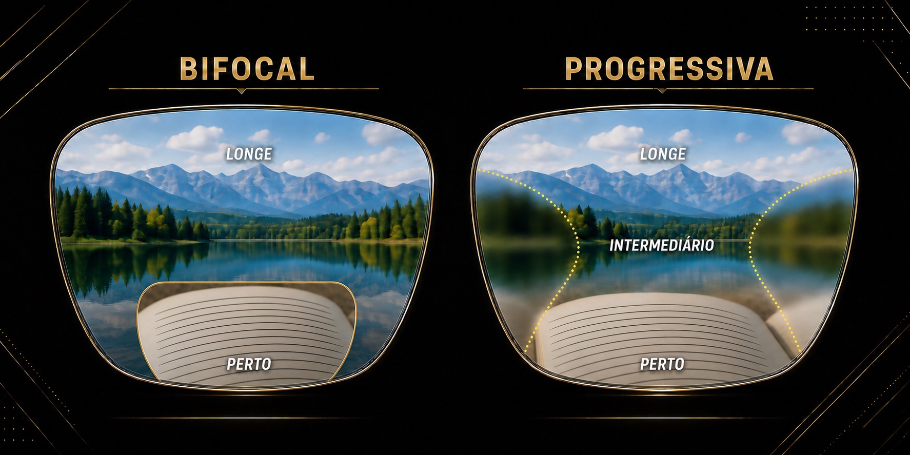 Comparação entre lente bifocal, com segmento visível para perto, e lente progressiva, com transição contínua entre longe, intermediário e perto