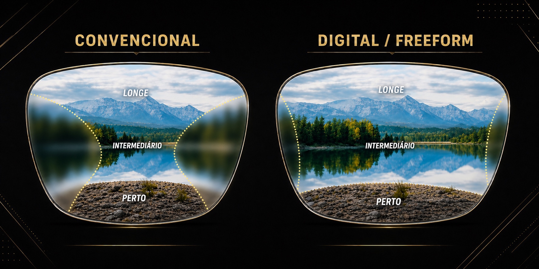 Comparação entre lente progressiva convencional, com corredor visual mais estreito, e lente digital freeform, com campos úteis mais amplos