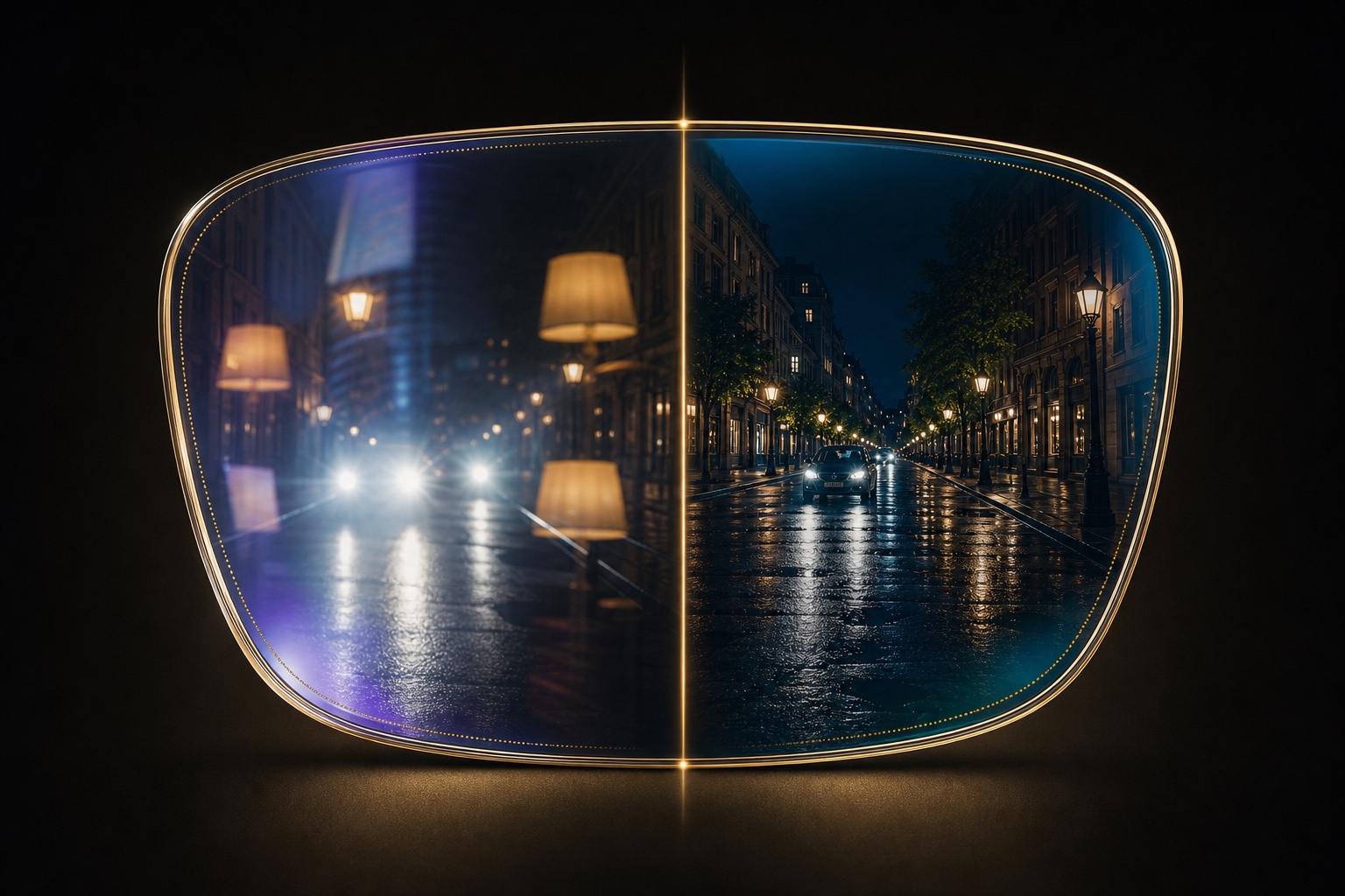 Comparação de uma lente com reflexos intensos e outra com reflexos reduzidos pelo antirreflexo