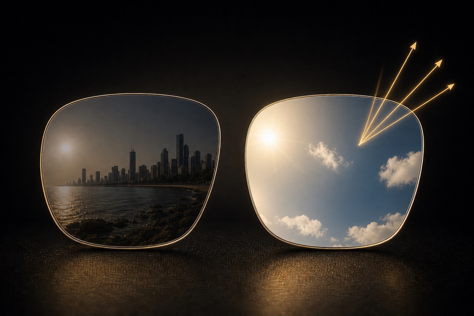 Comparação entre lente solar escura e lente espelhada refletindo céu, sol e nuvens